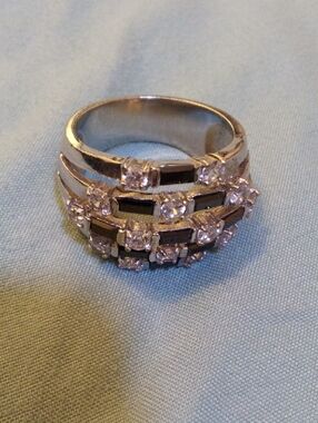 Silver Multi-Row Black & Clear Stone Women’s Ring